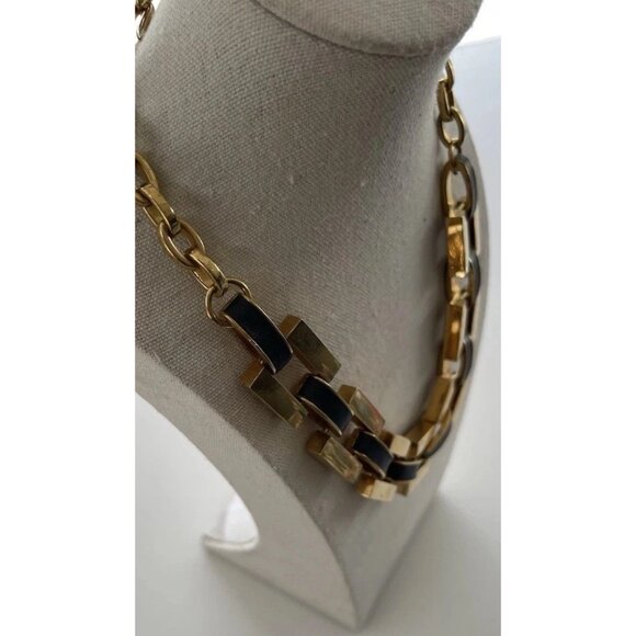 Ann Taylor Vintage Matte Gold and Black Leather Link Chain Necklace Quality 19” - Picture 9 of 16
